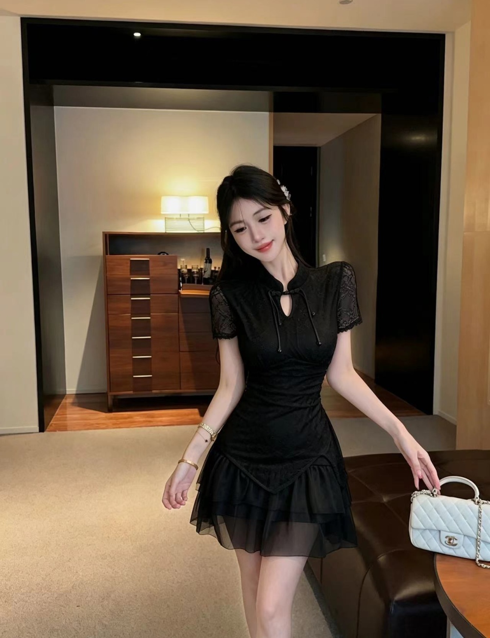 Short sleeve gauze irregular T-back double lace cheongsam