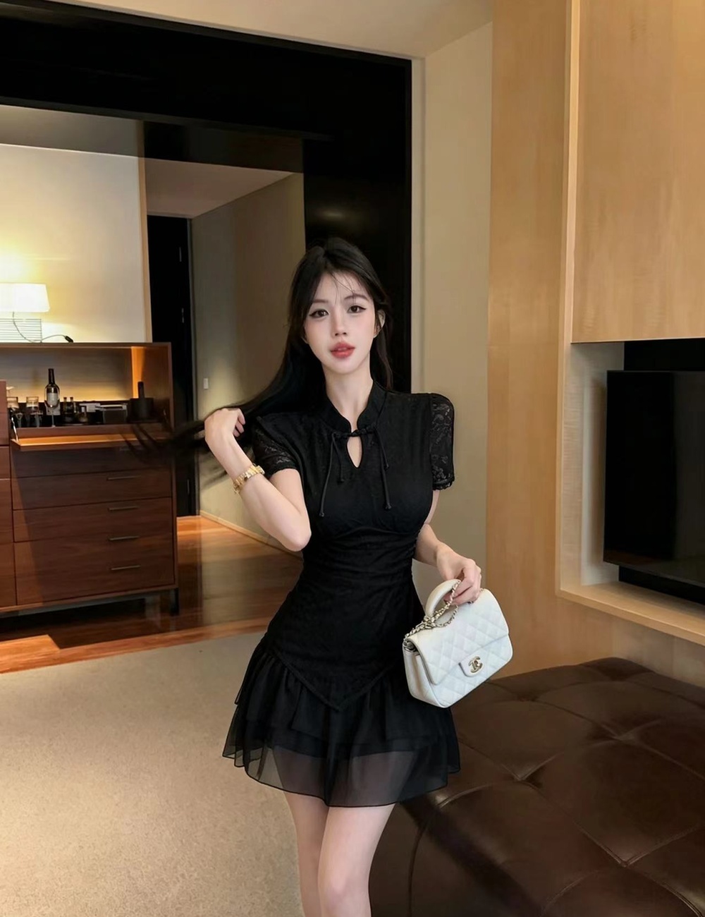 Short sleeve gauze irregular T-back double lace cheongsam