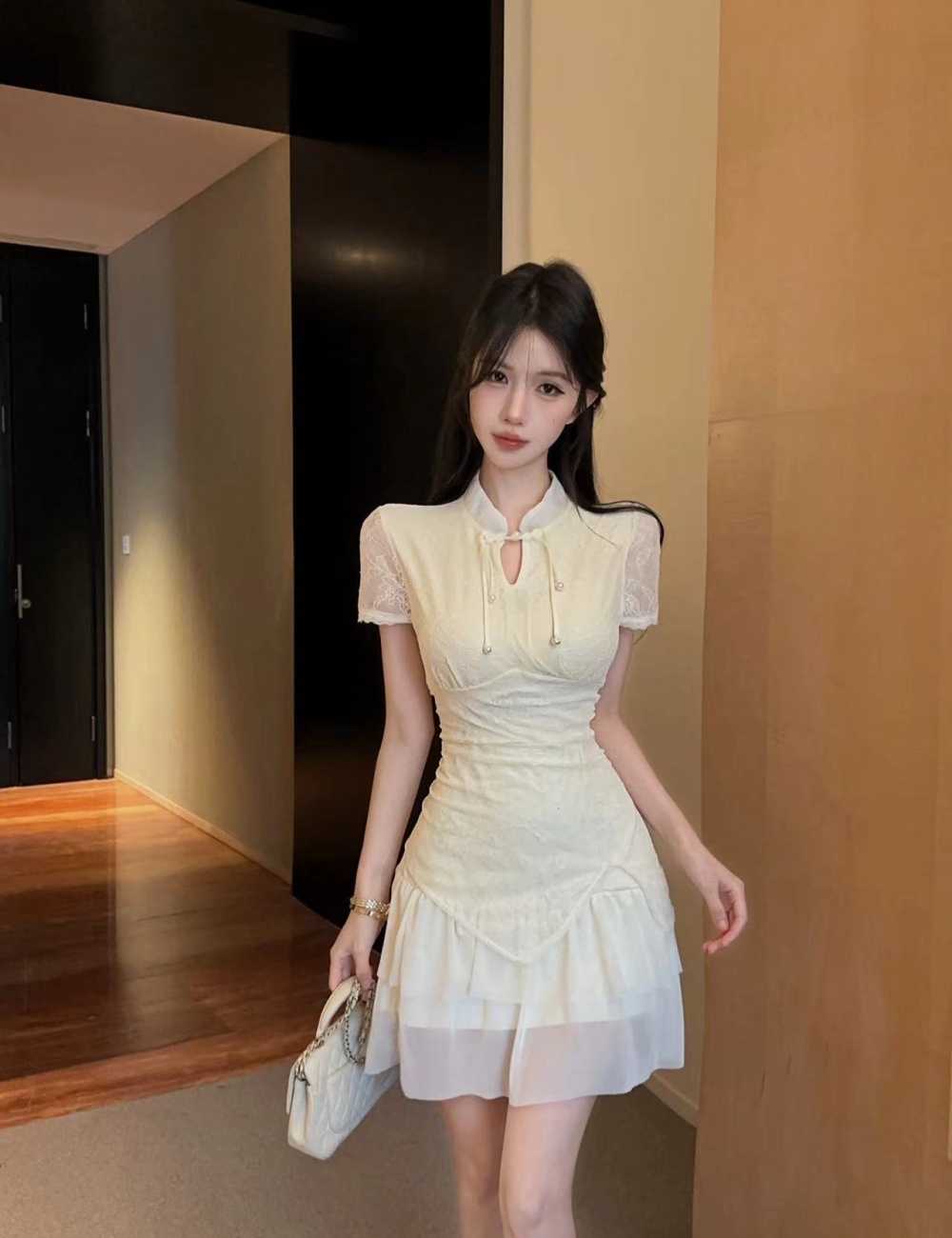 Short sleeve gauze irregular T-back double lace cheongsam