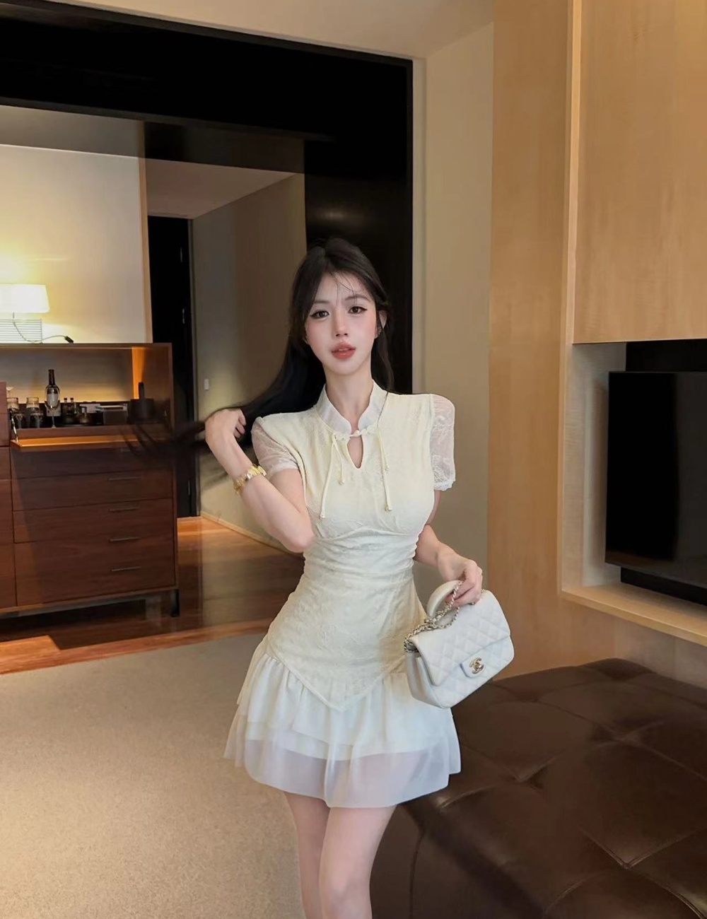 Short sleeve gauze irregular T-back double lace cheongsam