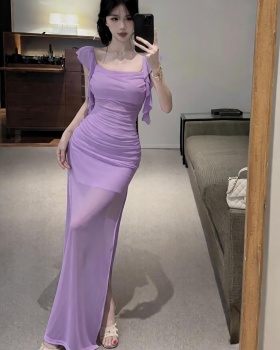 Sling splice shoulder long dress slim temperament tight dress