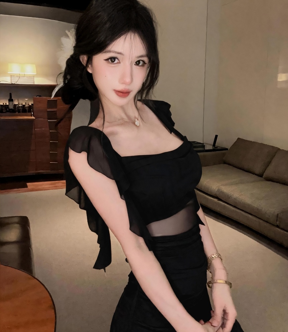 Sling splice shoulder long dress slim temperament tight dress
