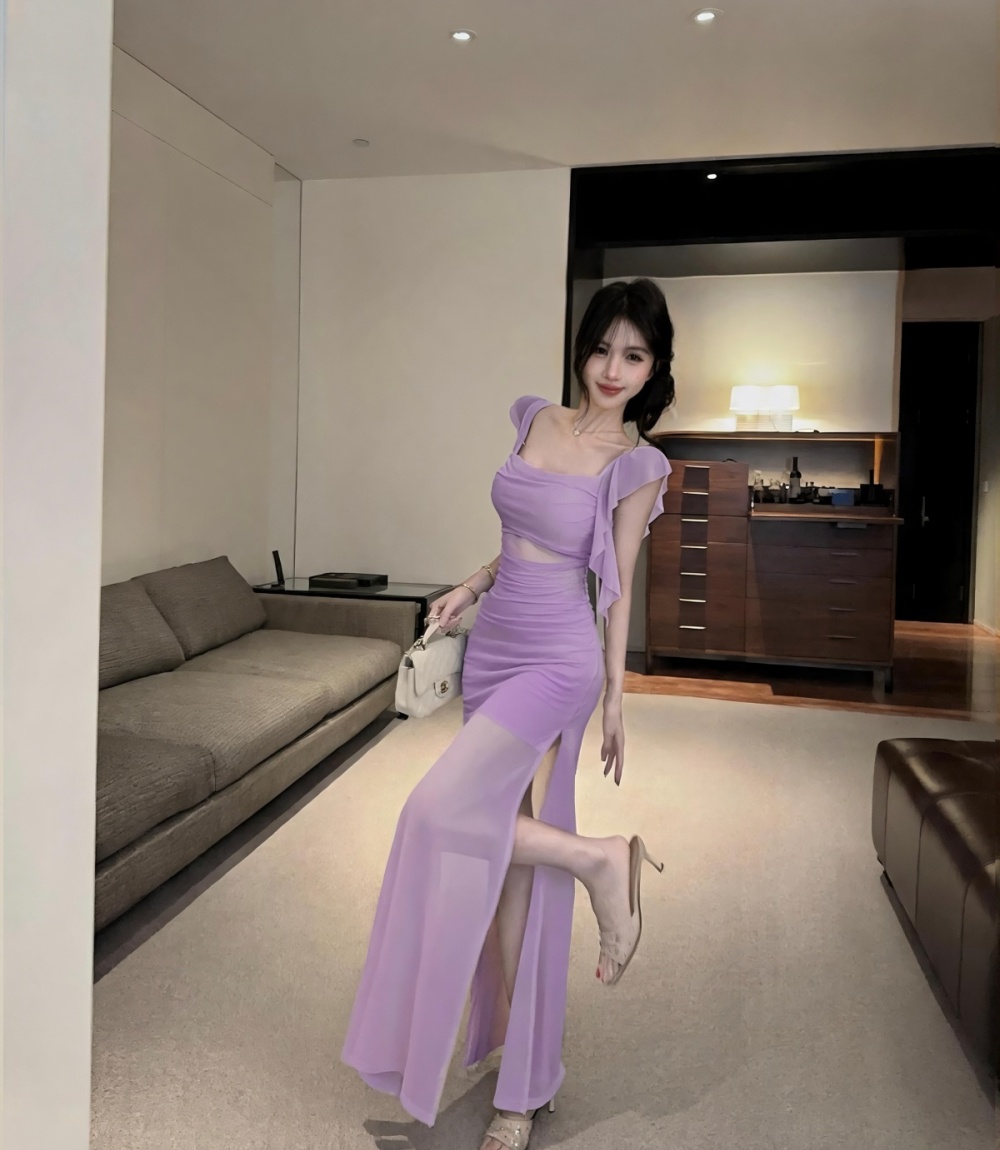 Sling splice shoulder long dress slim temperament tight dress
