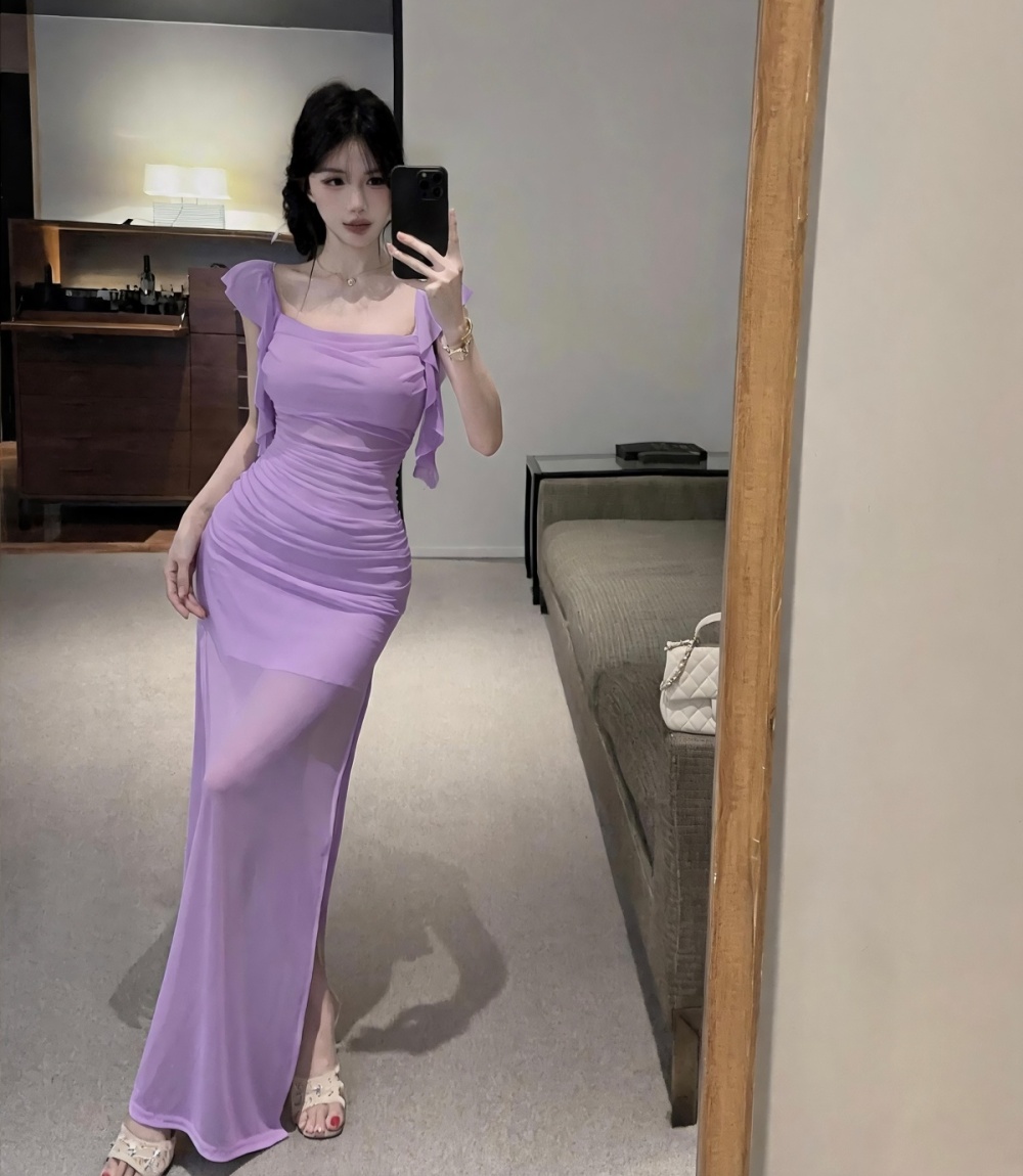 Sling splice shoulder long dress slim temperament tight dress