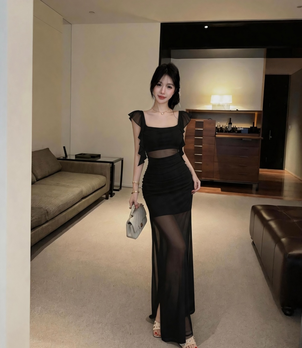 Sling splice shoulder long dress slim temperament tight dress