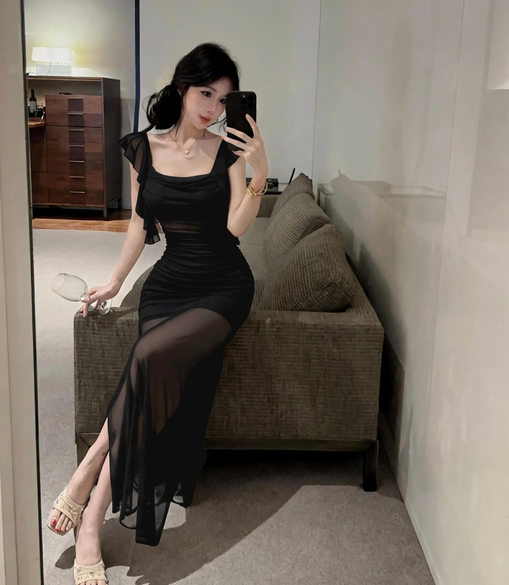 Sling splice shoulder long dress slim temperament tight dress