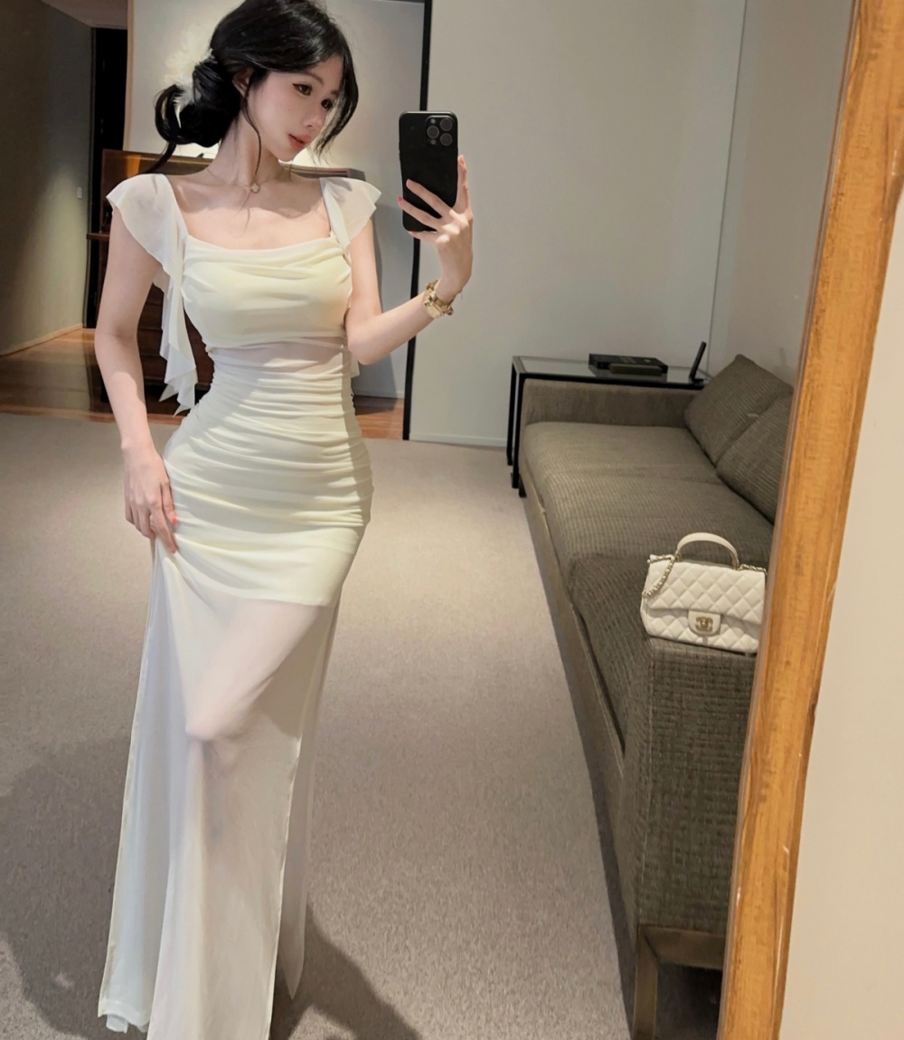 Sling splice shoulder long dress slim temperament tight dress