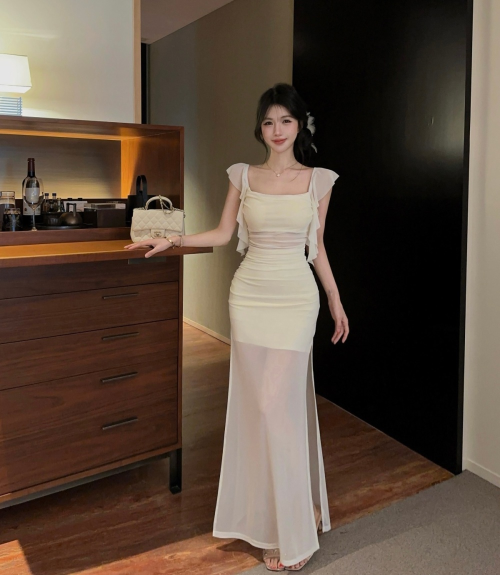 Sling splice shoulder long dress slim temperament tight dress