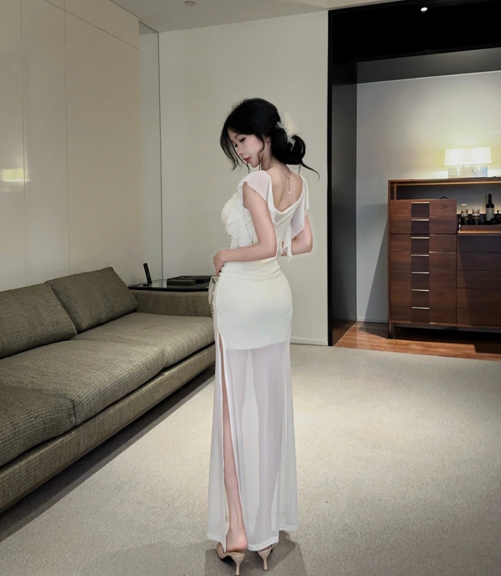 Sling splice shoulder long dress slim temperament tight dress