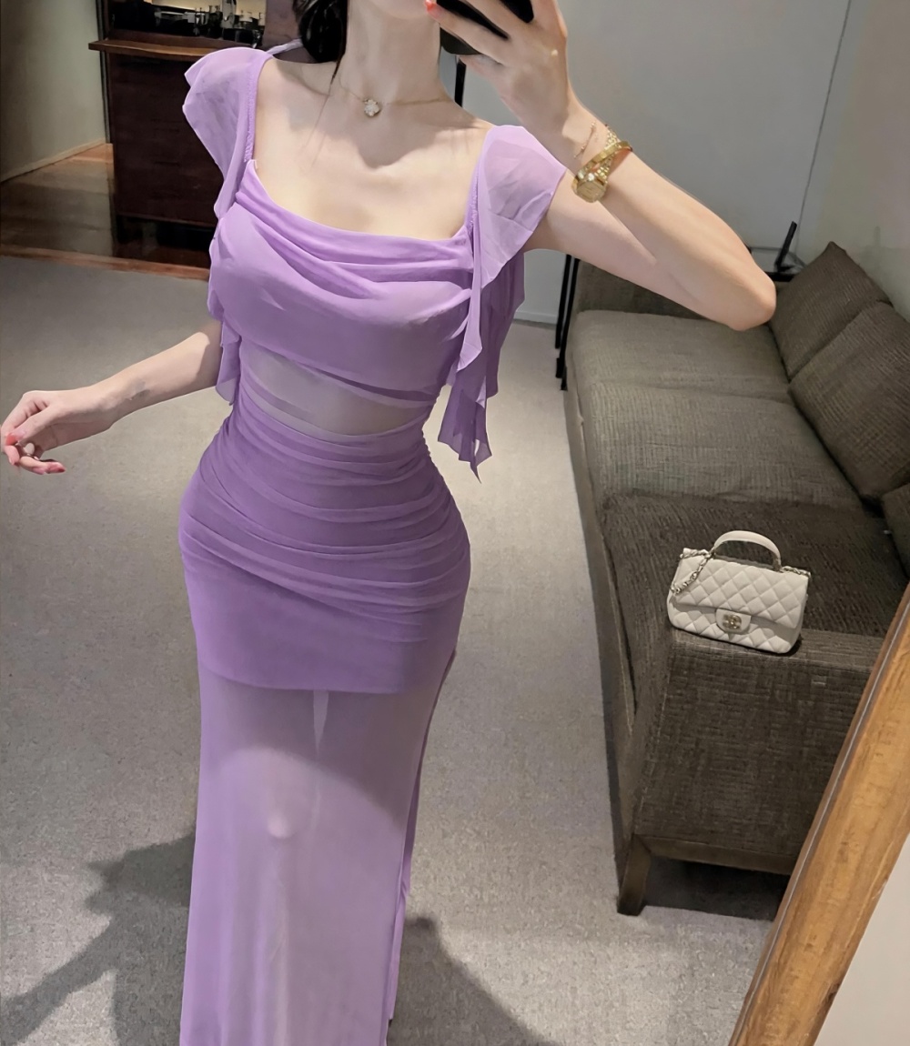 Sling splice shoulder long dress slim temperament tight dress