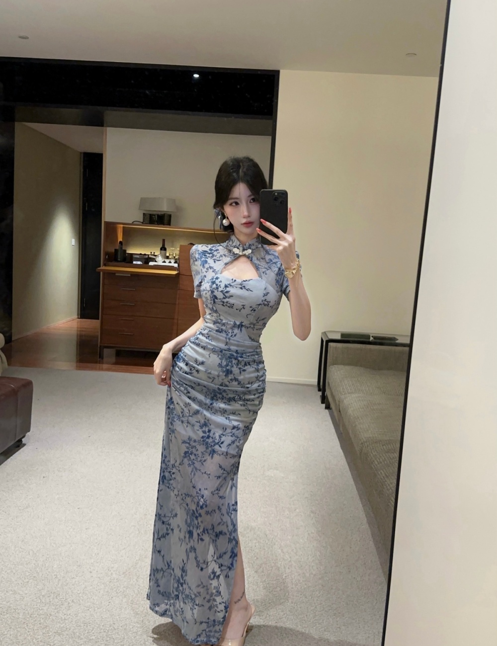 Pinched waist cheongsam slim dress