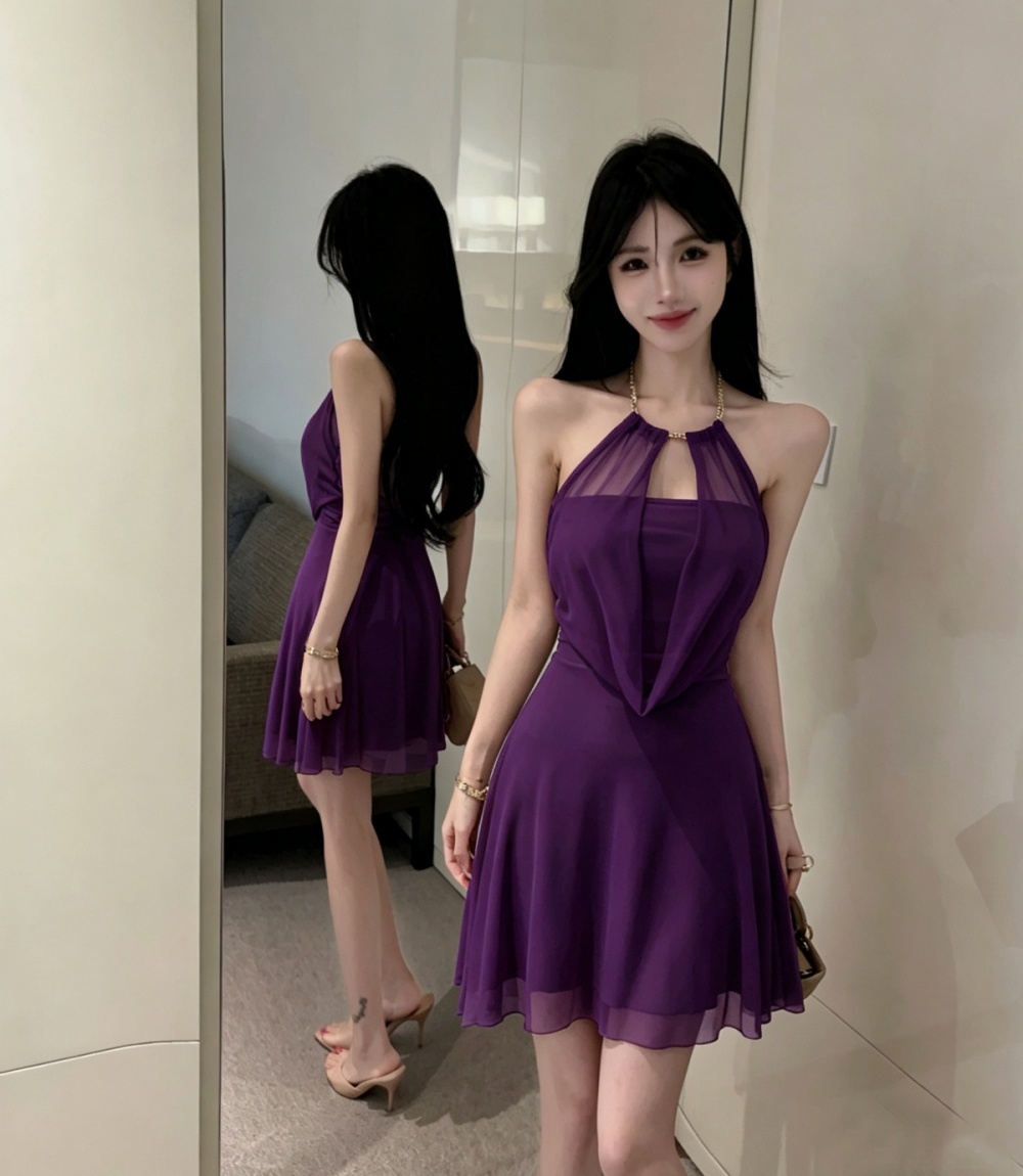 V-neck pinched waist T-back France style dress