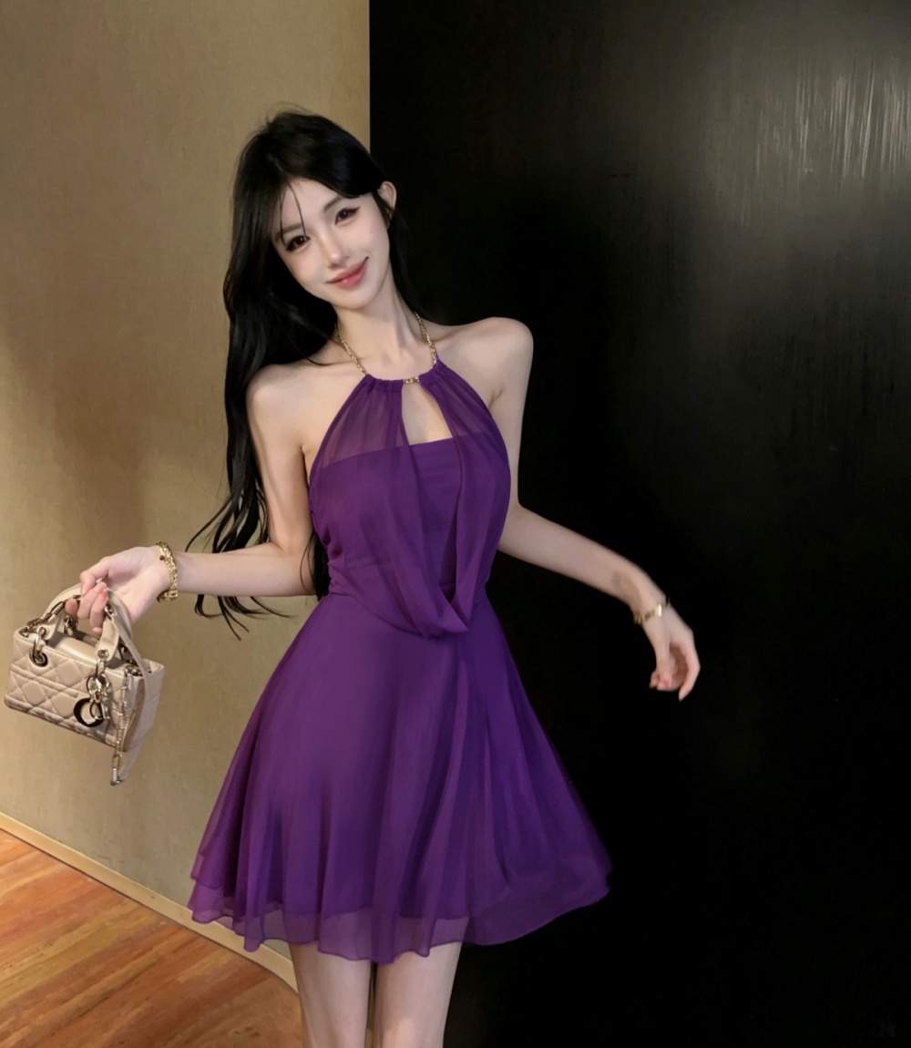 V-neck pinched waist T-back France style dress