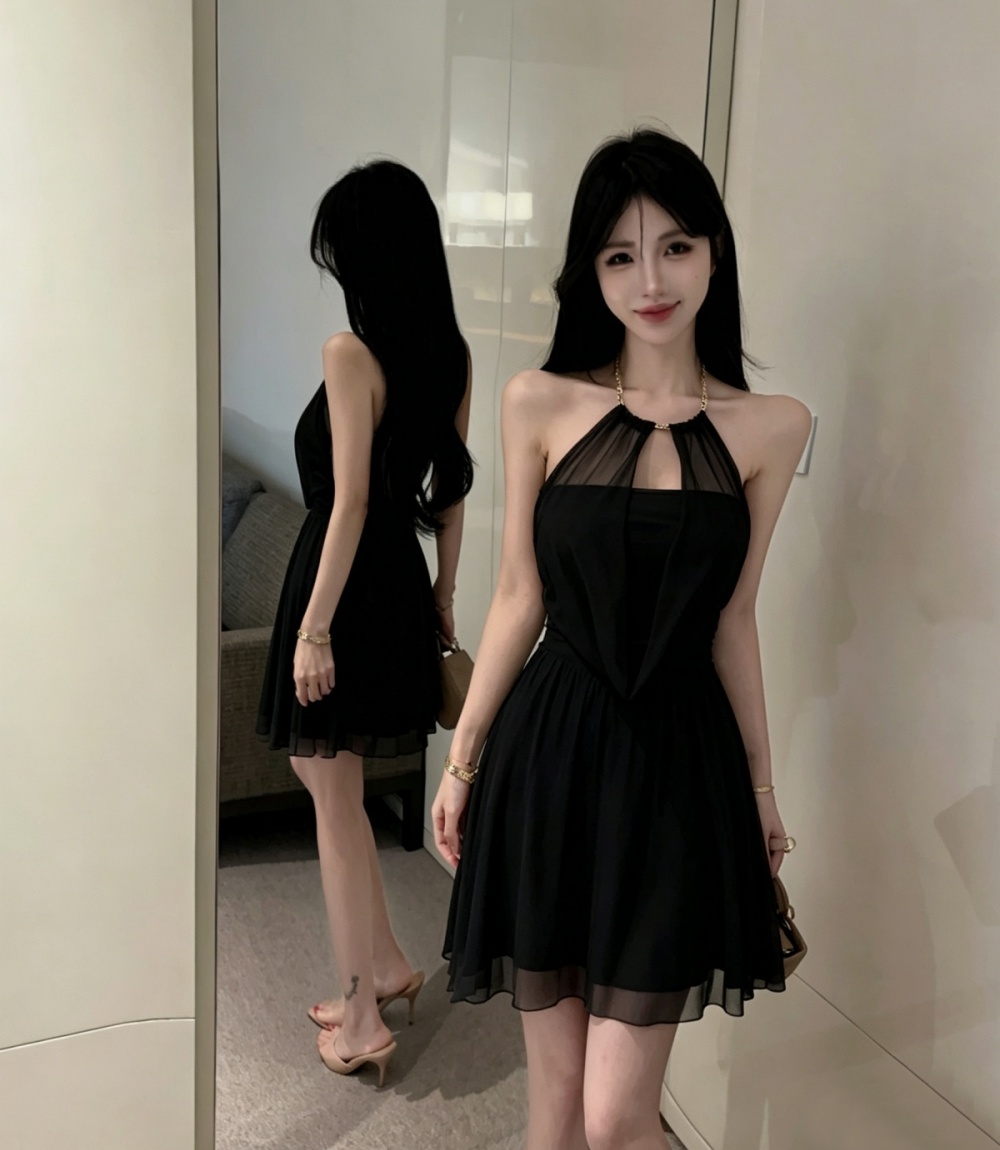 V-neck pinched waist T-back France style dress