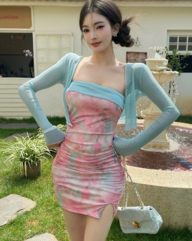 Split sunscreen dress wrapped chest thin shawl 2pcs set