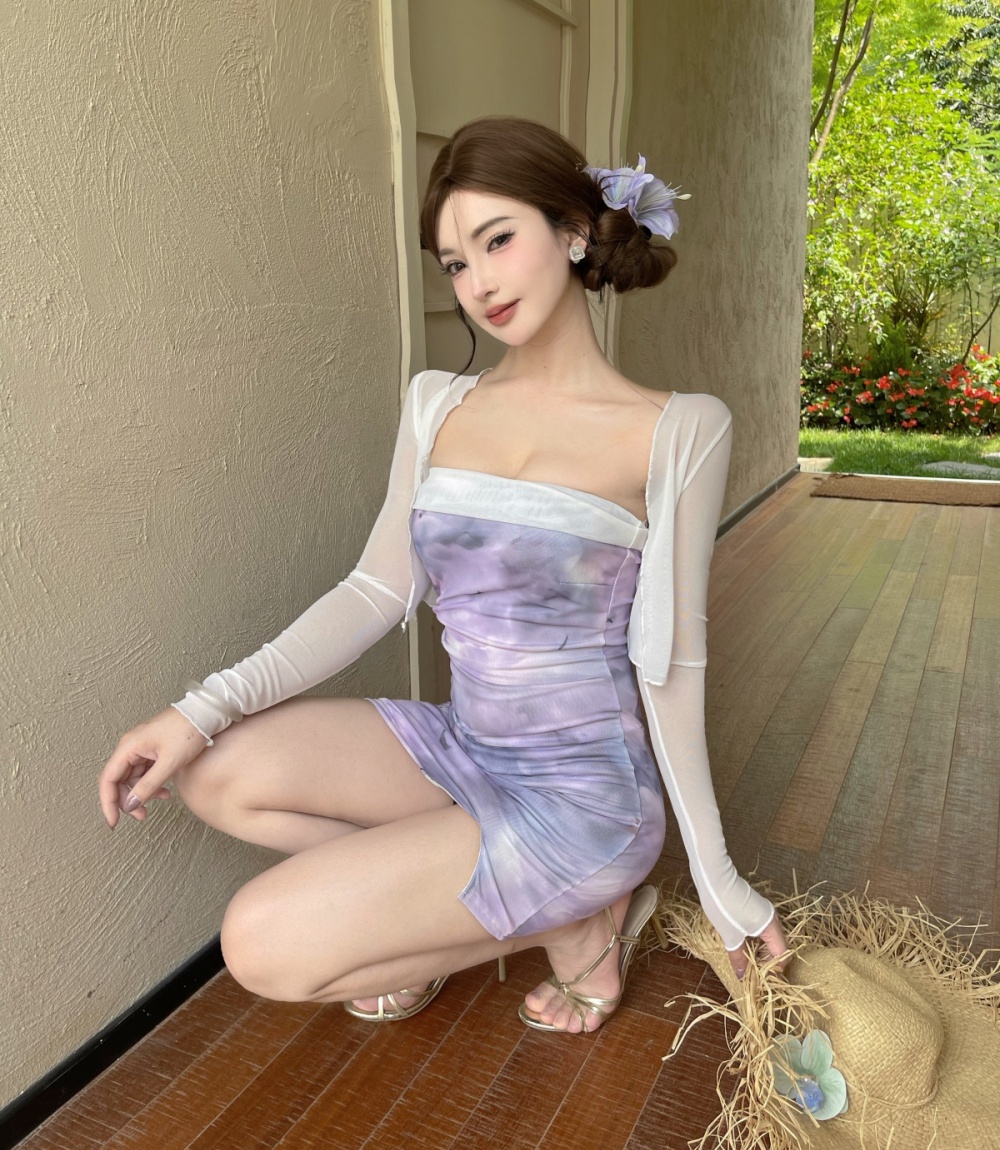 Split sunscreen dress wrapped chest thin shawl 2pcs set