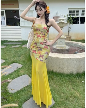 Seaside printing butterfly wrapped chest dress for women