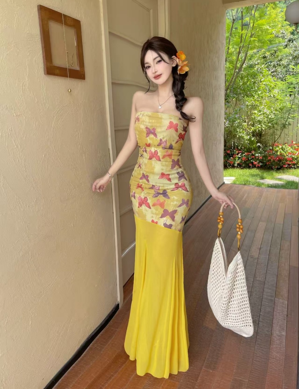 Seaside printing butterfly wrapped chest dress for women