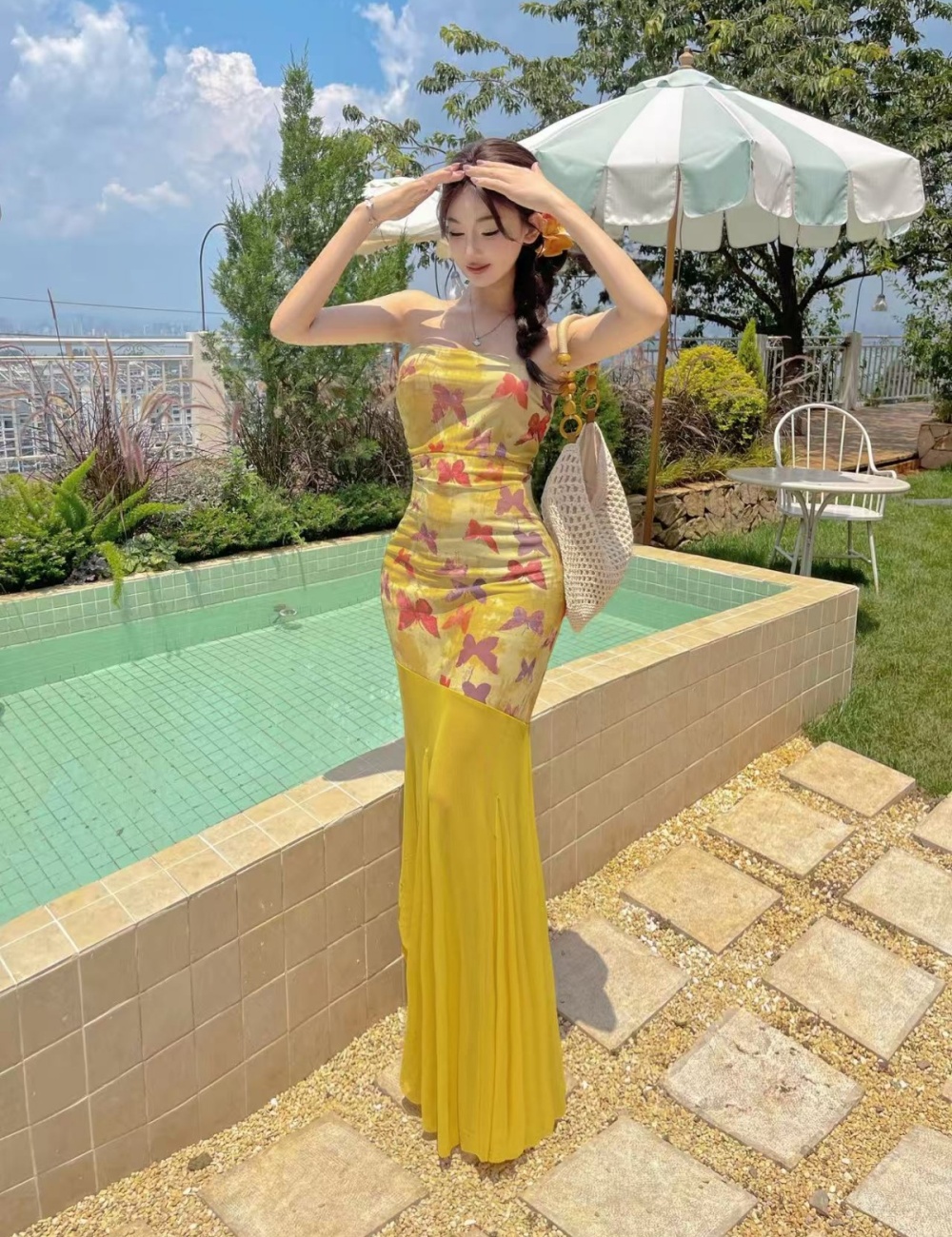 Seaside printing butterfly wrapped chest dress for women