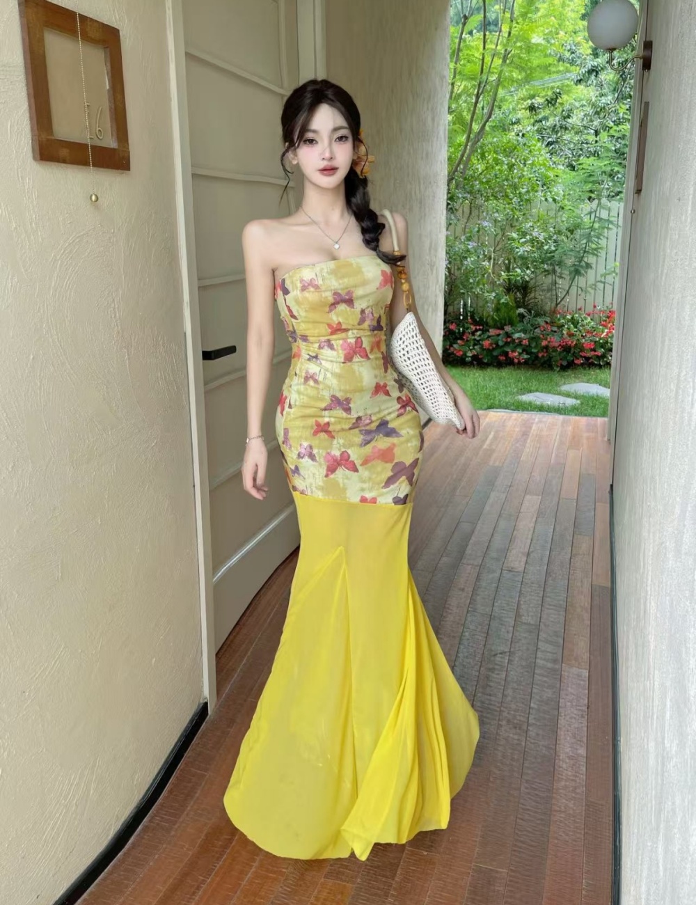 Seaside printing butterfly wrapped chest dress for women