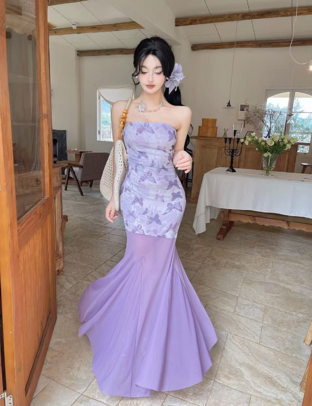 Seaside printing butterfly wrapped chest dress for women