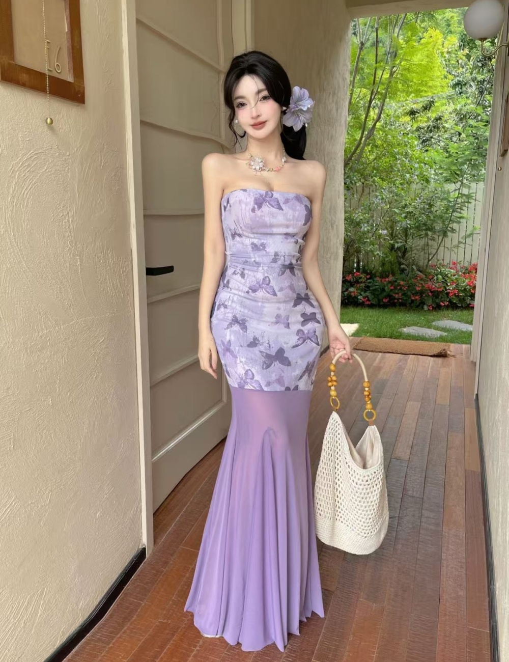 Seaside printing butterfly wrapped chest dress for women