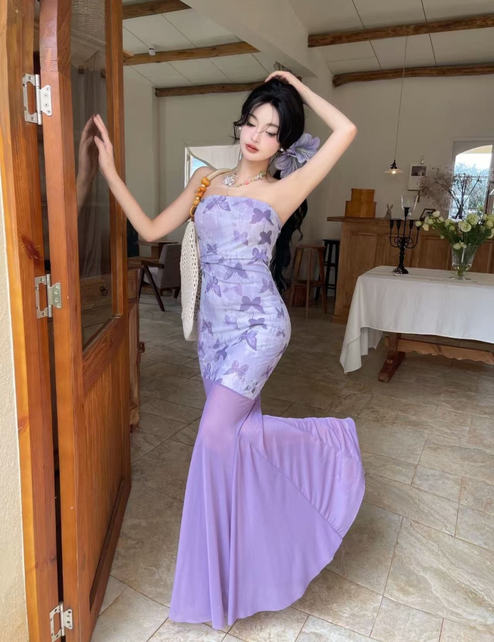 Seaside printing butterfly wrapped chest dress for women