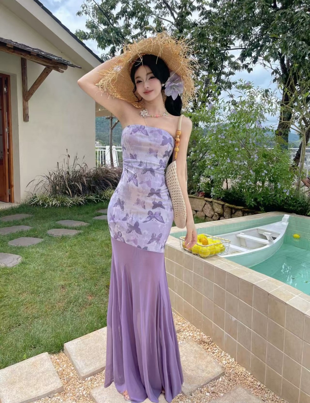 Seaside printing butterfly wrapped chest dress for women