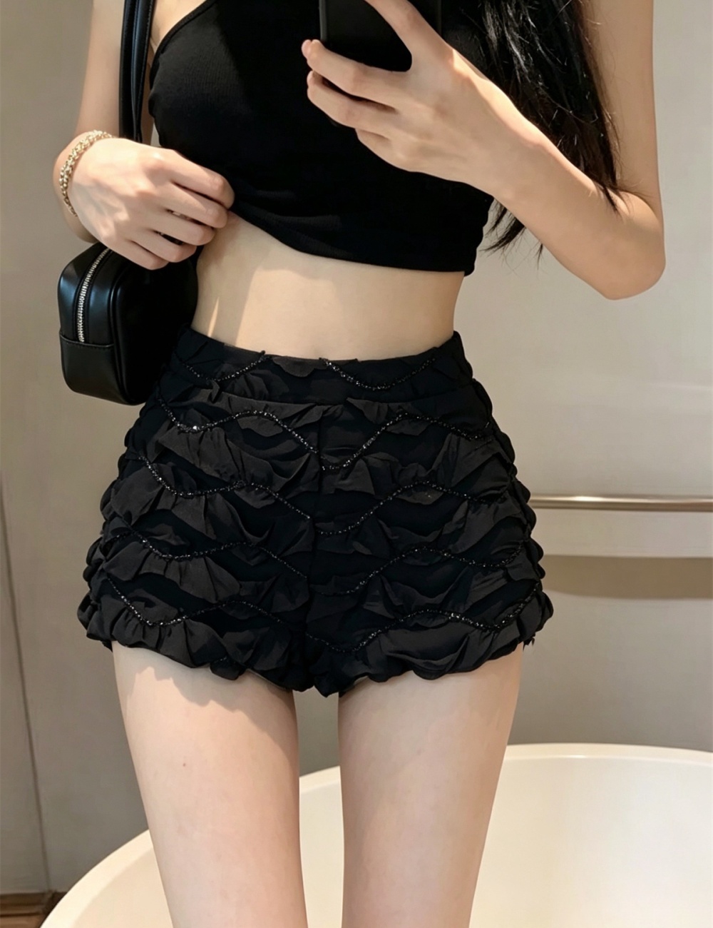 Slim rhinestone lace fold enticement summer shorts for women