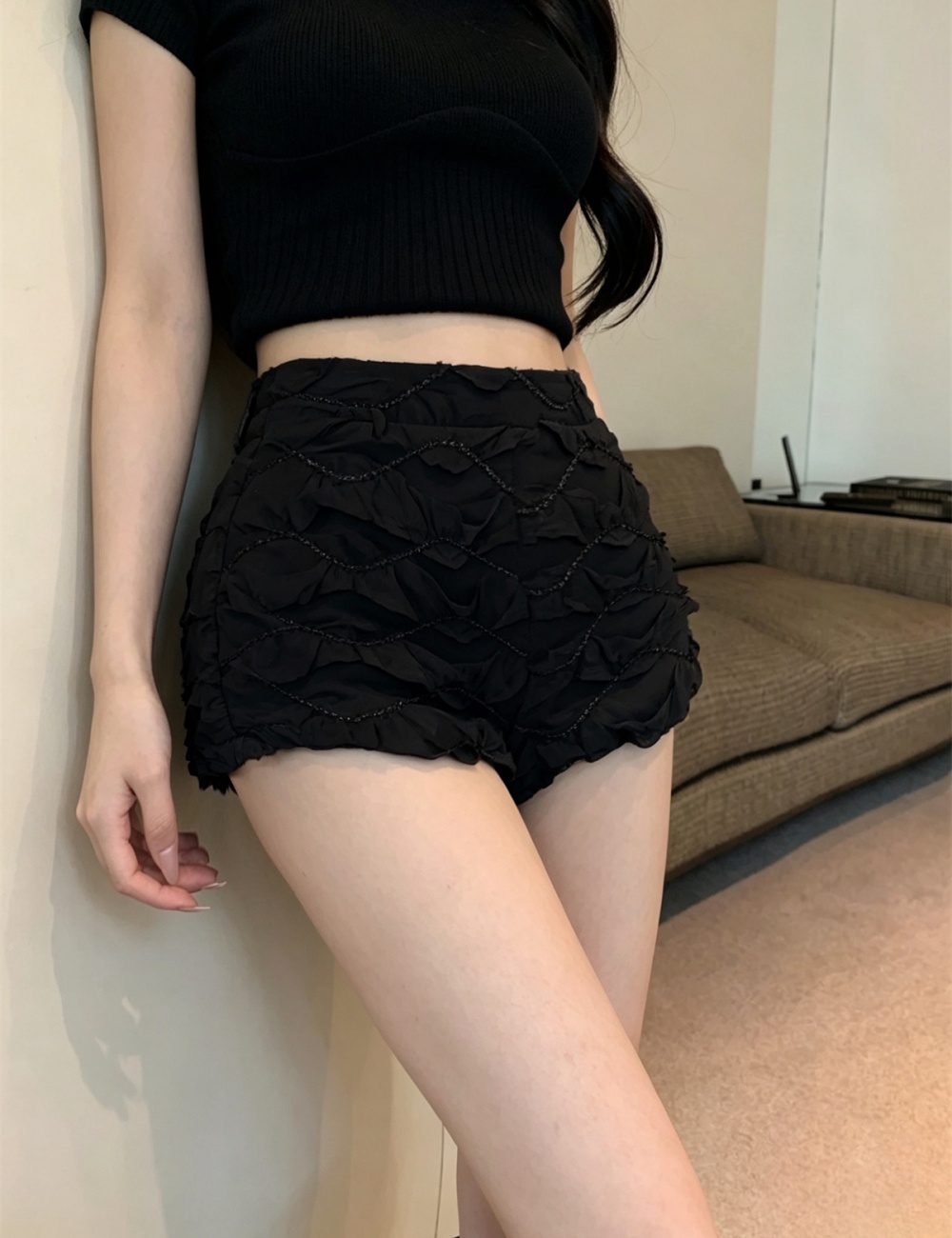Slim rhinestone lace fold enticement summer shorts for women