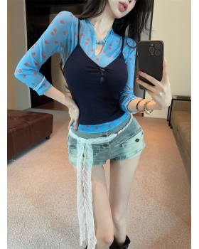 Lace short jeans floral T-shirt 3pcs set for women