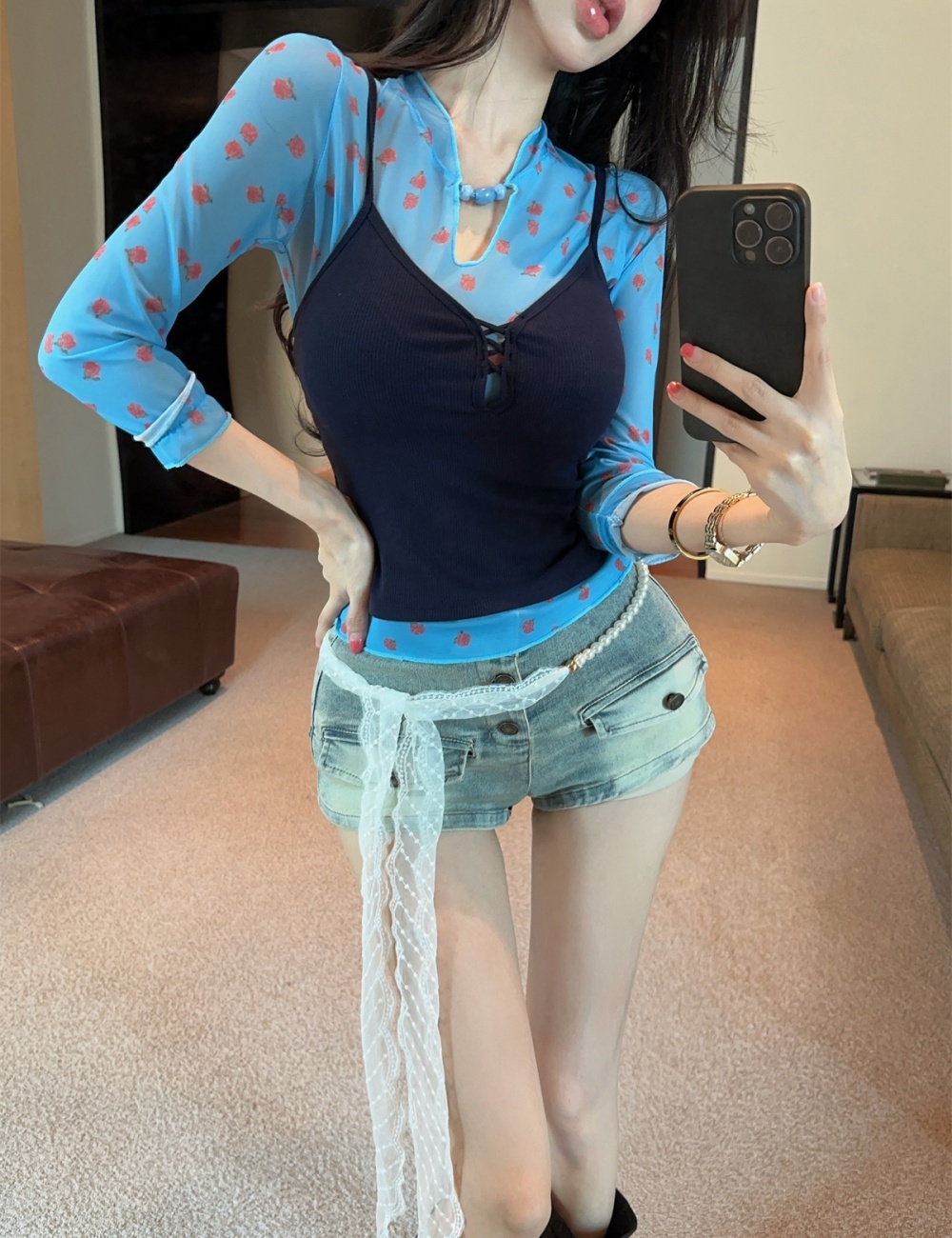 Lace short jeans floral T-shirt 3pcs set for women