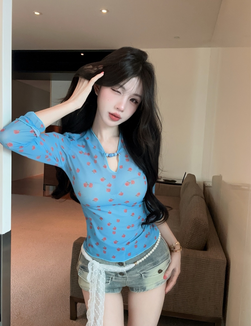 Lace short jeans floral T-shirt 3pcs set for women