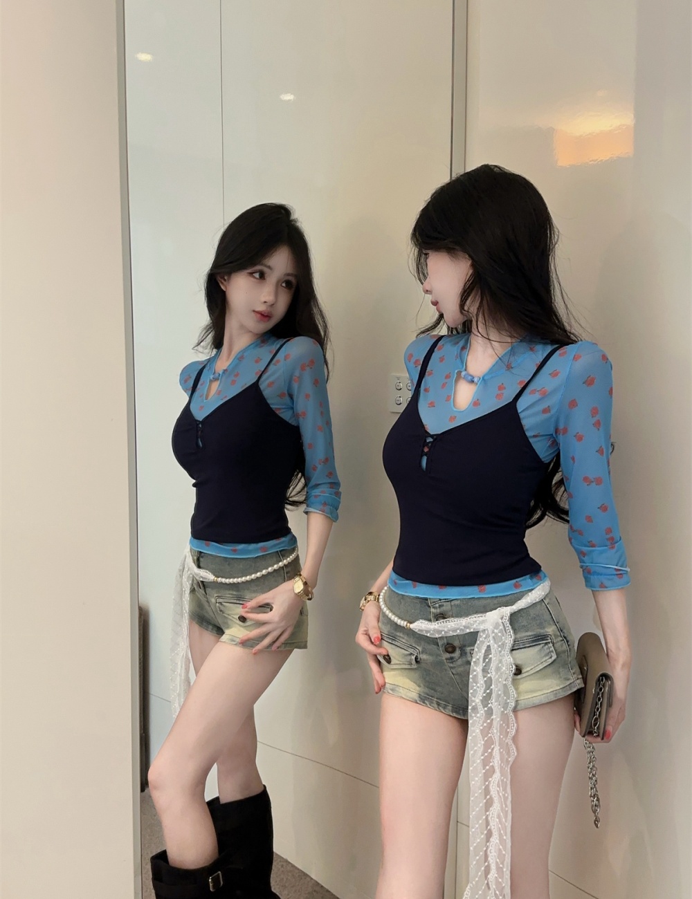 Lace short jeans floral T-shirt 3pcs set for women