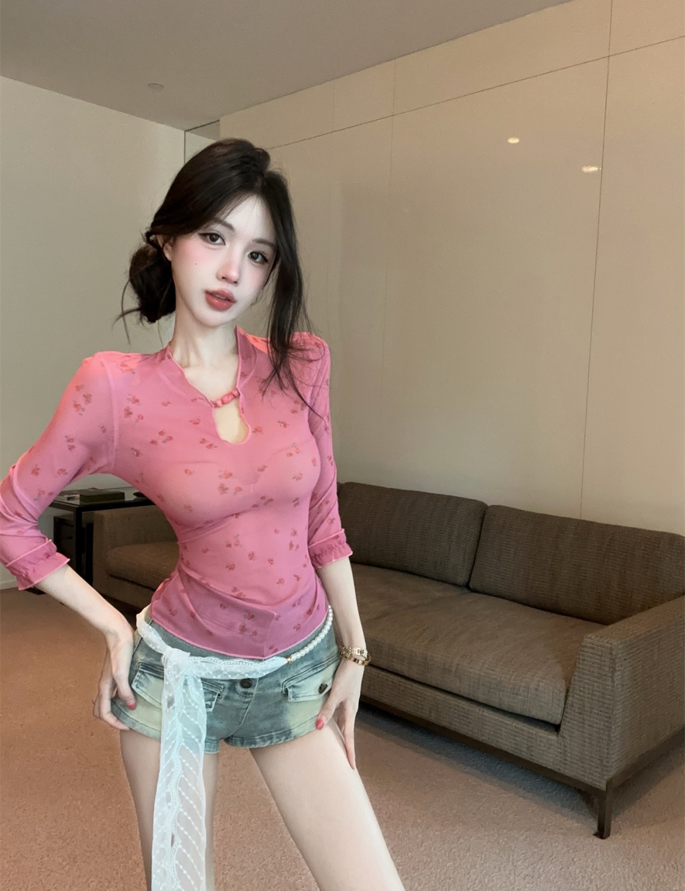 Lace short jeans floral T-shirt 3pcs set for women
