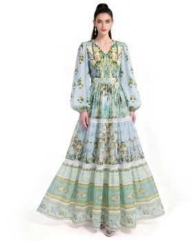 Long sleeve floor length printing dress