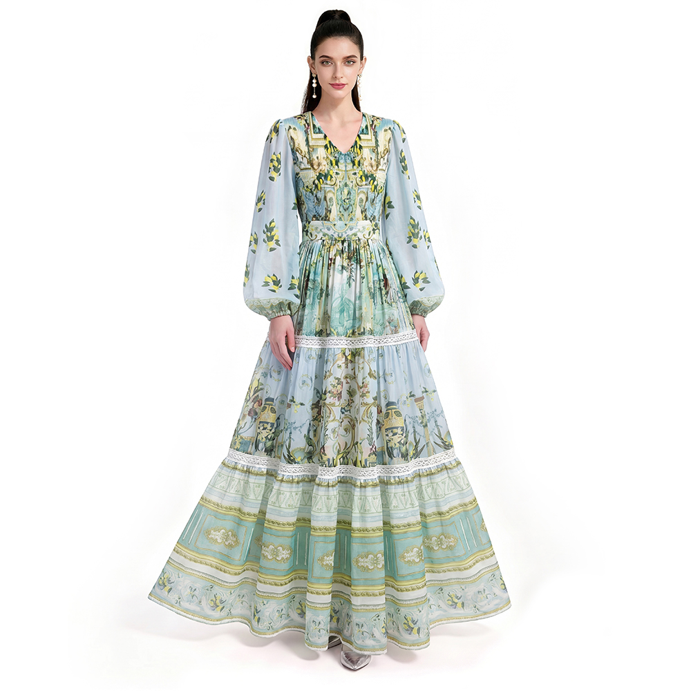 Long sleeve floor length printing dress