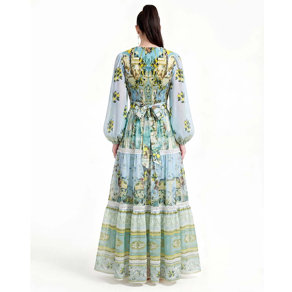Long sleeve floor length printing dress