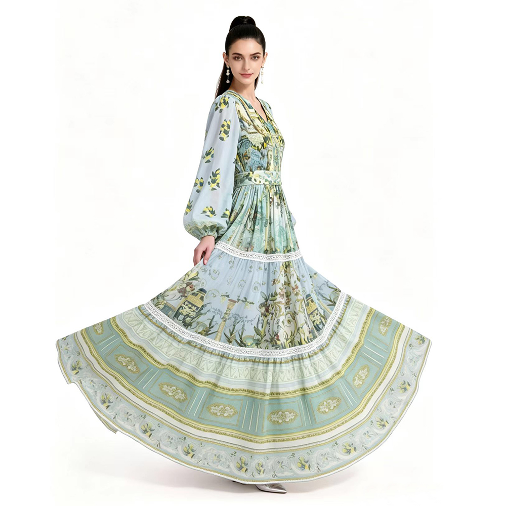 Long sleeve floor length printing dress