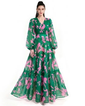 Printing floor length long sleeve dress