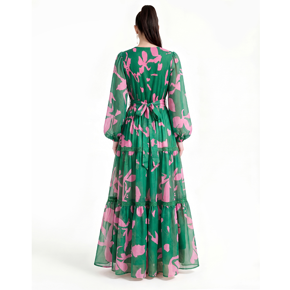 Printing floor length long sleeve dress