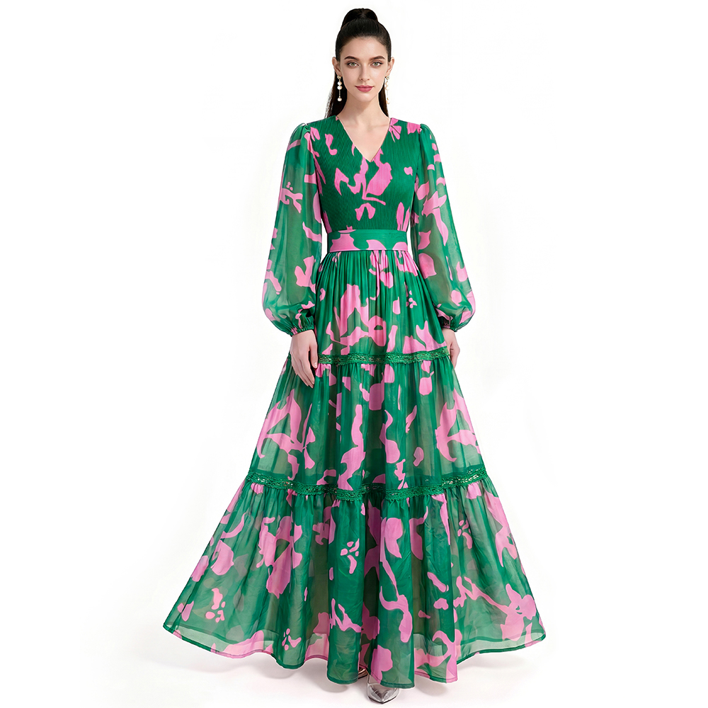 Printing floor length long sleeve dress