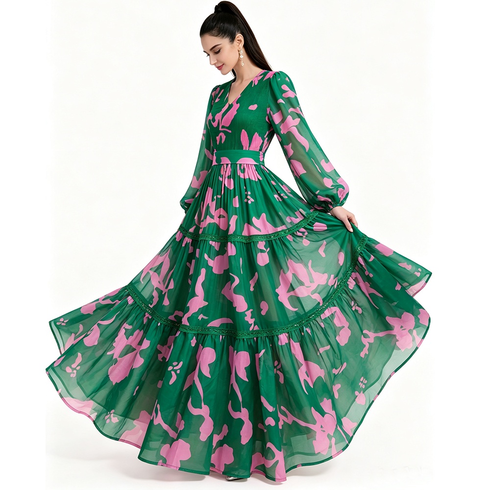 Printing floor length long sleeve dress