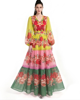 Floor length long sleeve printing dress