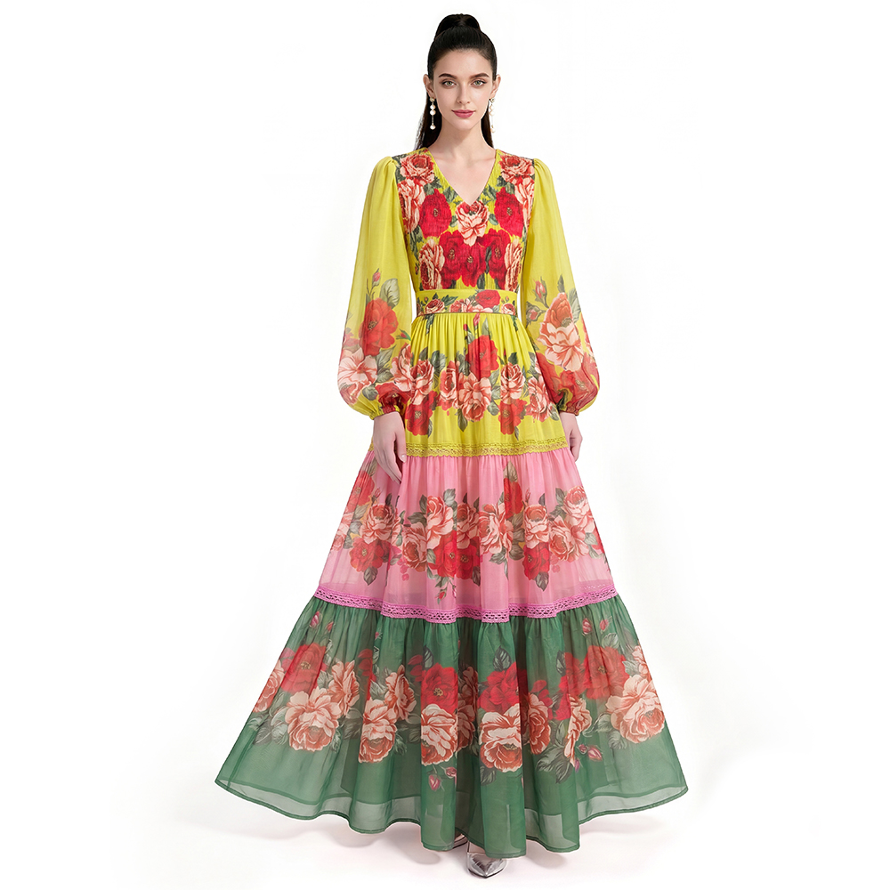 Floor length long sleeve printing dress