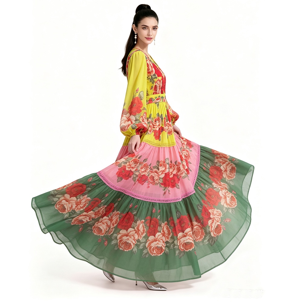 Floor length long sleeve printing dress