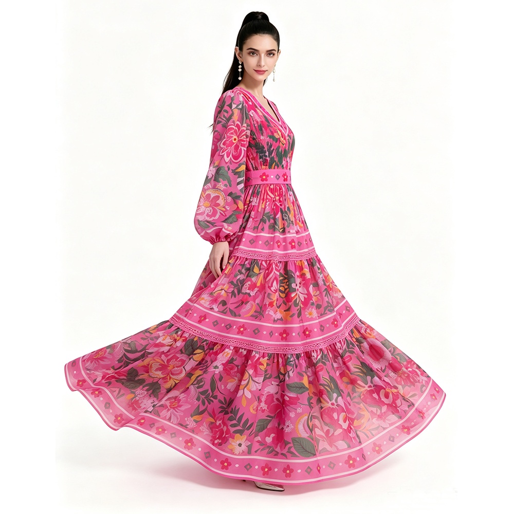 Floor length long sleeve printing dress