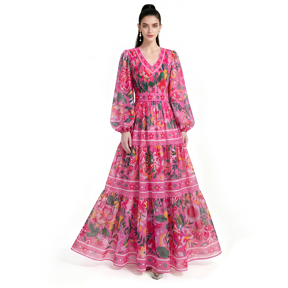 Floor length long sleeve printing dress