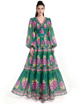 Printing long sleeve floor length dress