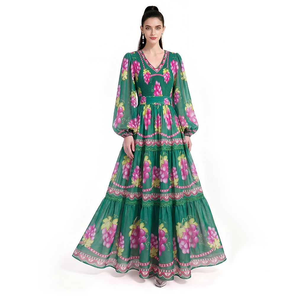 Printing long sleeve floor length dress